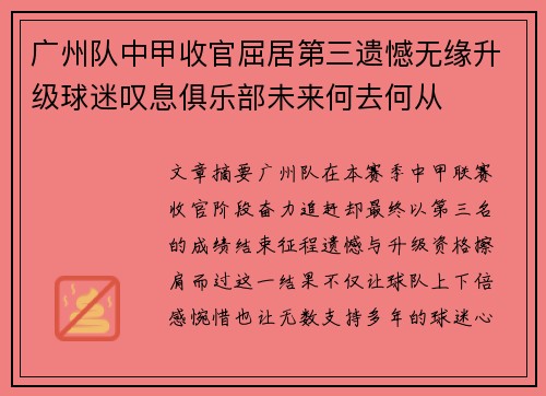广州队中甲收官屈居第三遗憾无缘升级球迷叹息俱乐部未来何去何从